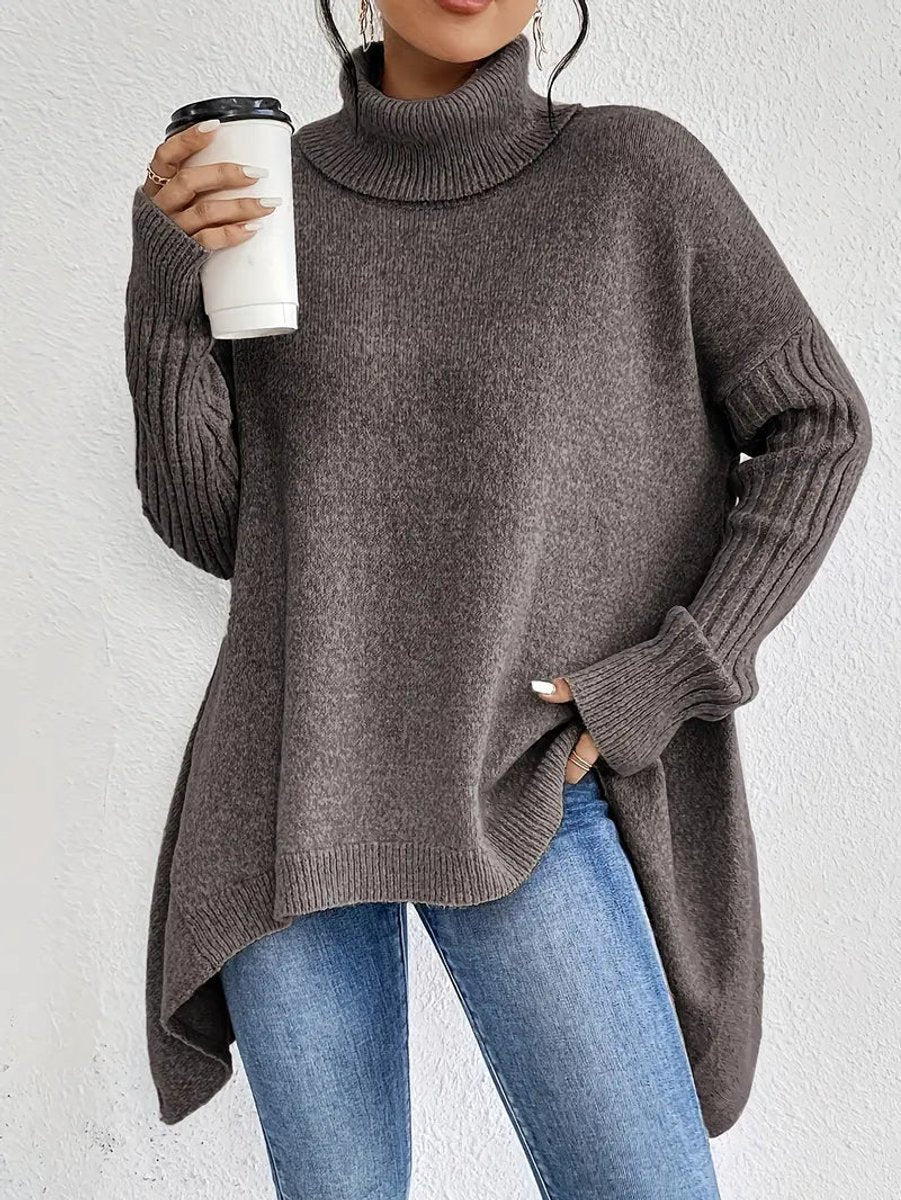 Elena | Women's Oversized Longline Ribbed Turtleneck Jumper - Espresso Brown