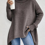 Elena | Women's Oversized Longline Ribbed Turtleneck Jumper - Espresso Brown