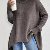 Elena | Women's Oversized Longline Ribbed Turtleneck Jumper - Espresso Brown