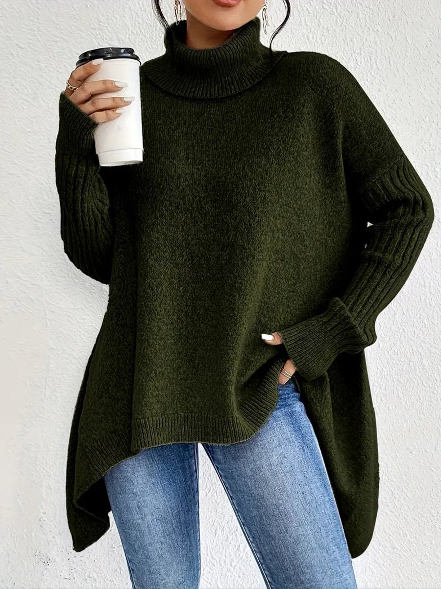 Elena | Women's Oversized Longline Ribbed Turtleneck Jumper - Pine Green