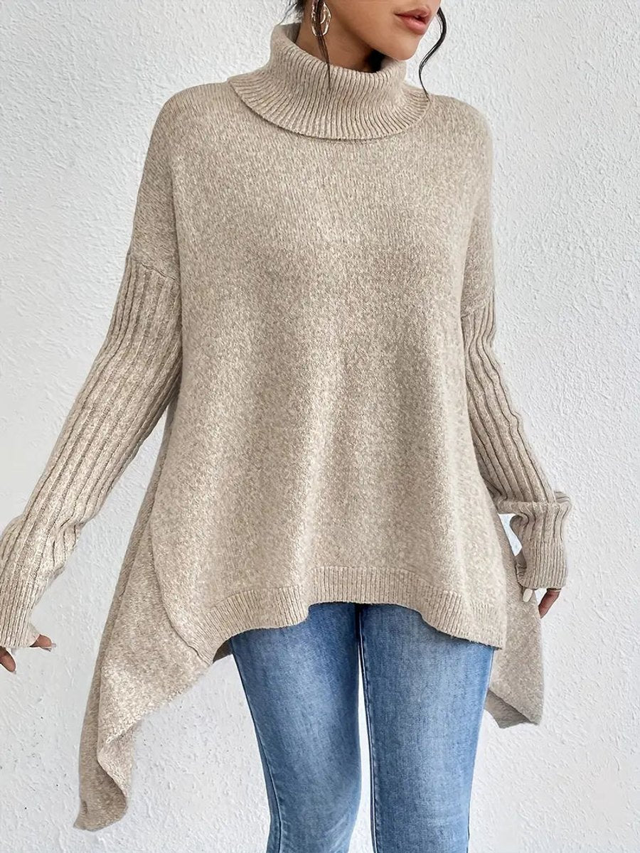 Elena | Women's Oversized Longline Ribbed Turtleneck Jumper - Desert Khaki