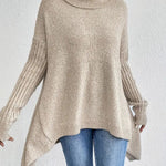Elena | Women's Oversized Longline Ribbed Turtleneck Jumper - Desert Khaki