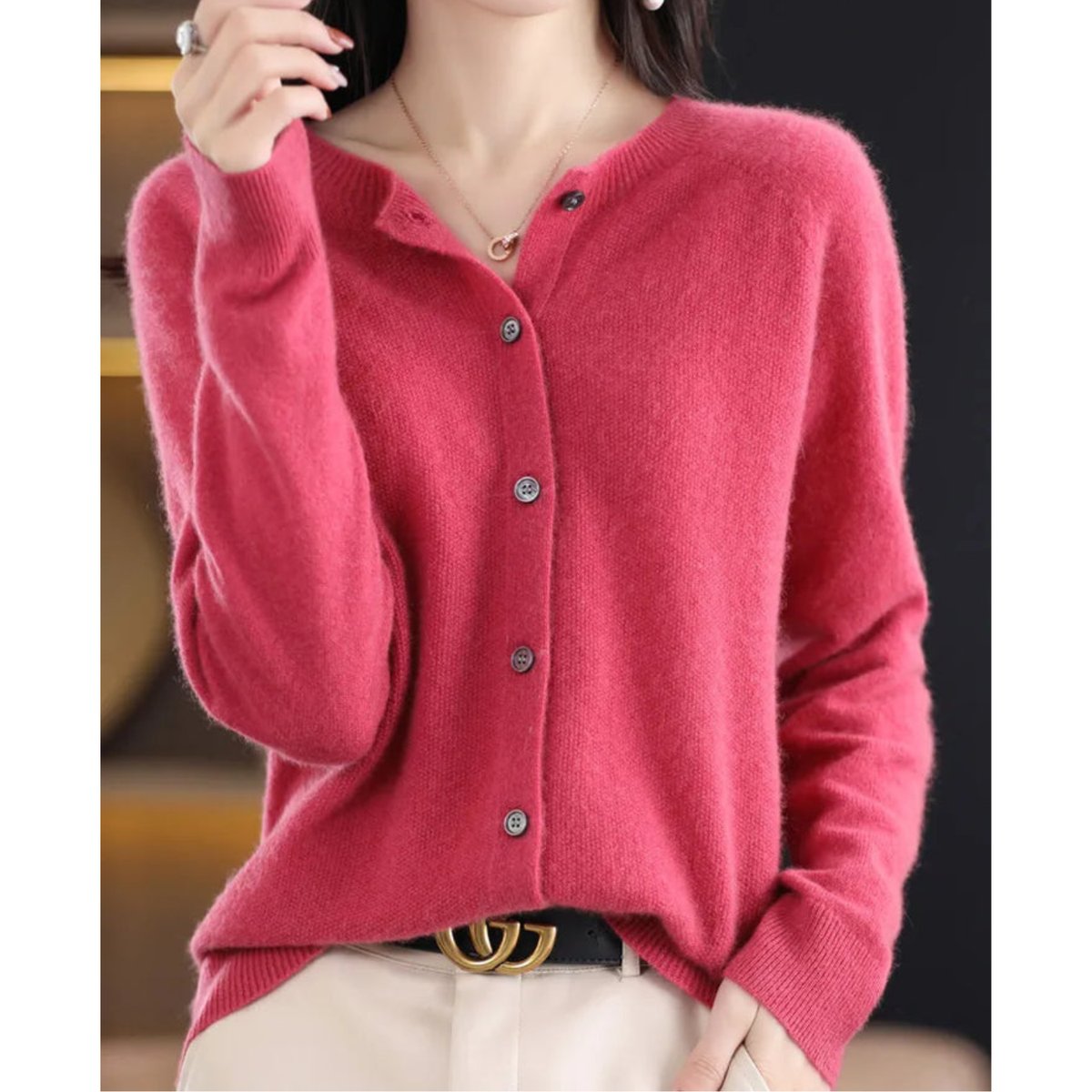 Elisa | Women's Oversized Wool Blend V Neck Cardigan - Dark Pink