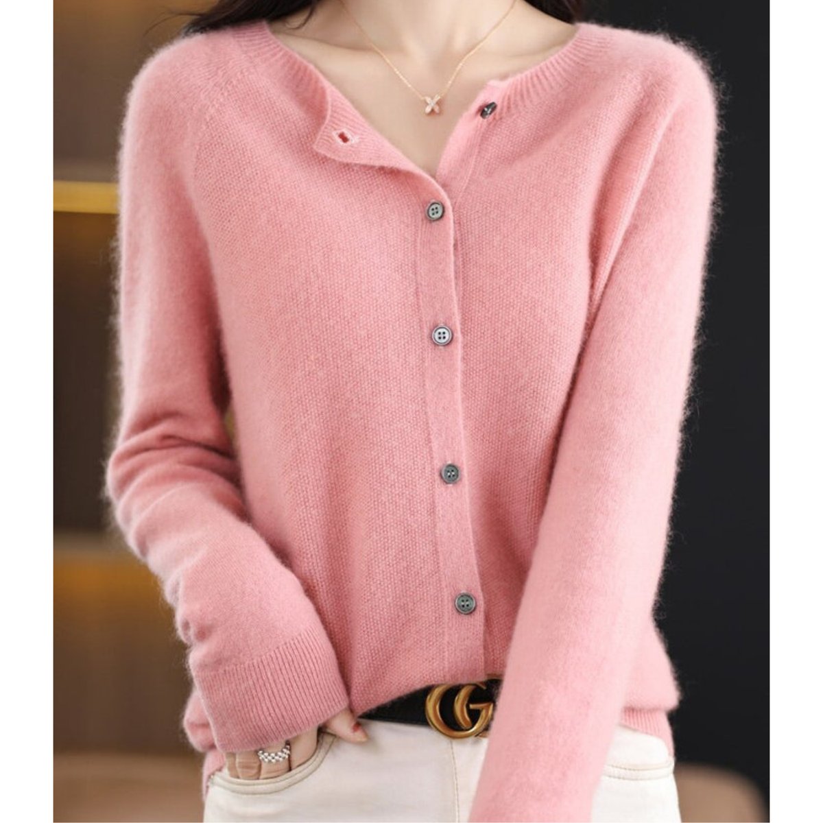 Elisa | Women's Oversized Wool Blend V Neck Cardigan - Light Pink