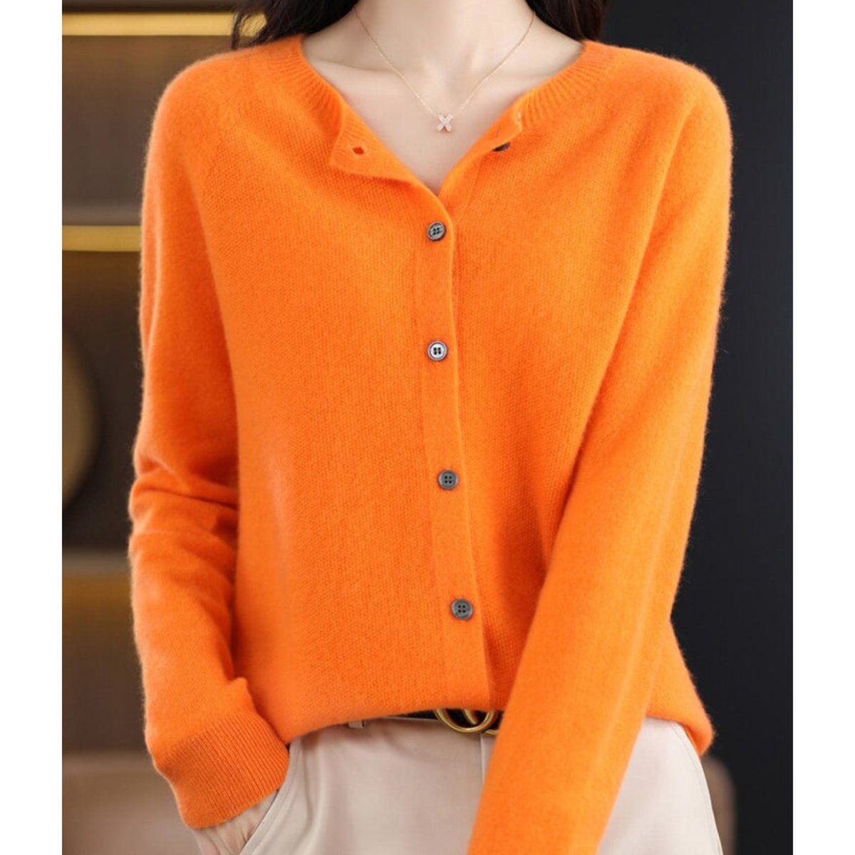 Elisa | Women's Oversized Wool Blend V Neck Cardigan - Orange