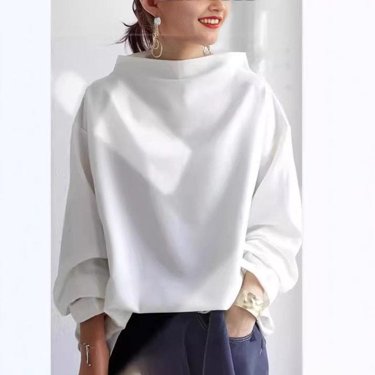Savannah | Women's Long Sleeve Oversized Relaxed Fit Turtleneck Jumper - White