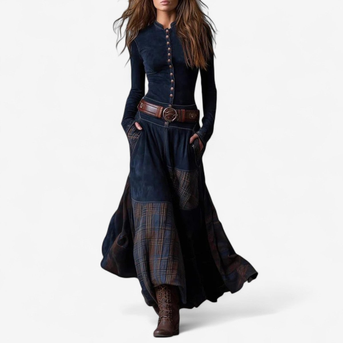 Sadie | Women's Long Sleeve Button Front Patchwork Maxi Dress