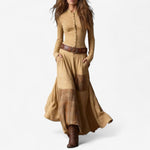 Sadie | Women's Long Sleeve Button Front Patchwork Maxi Dress - Apricot