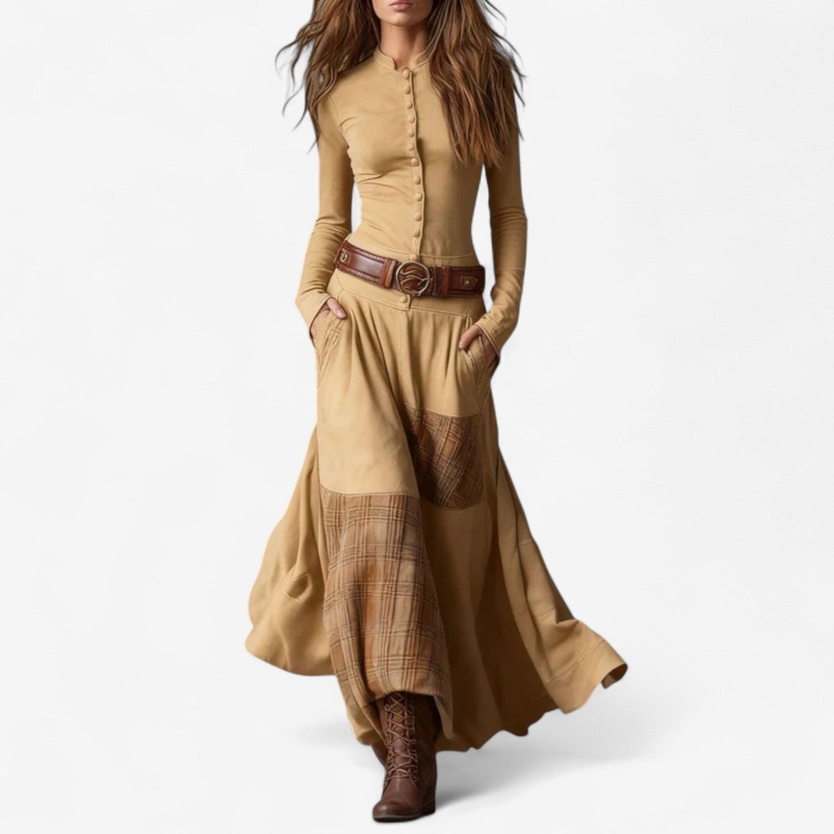 Sadie | Women's Long Sleeve Button Front Patchwork Maxi Dress - Apricot