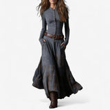 Sadie | Women's Long Sleeve Button Front Patchwork Maxi Dress - Grey