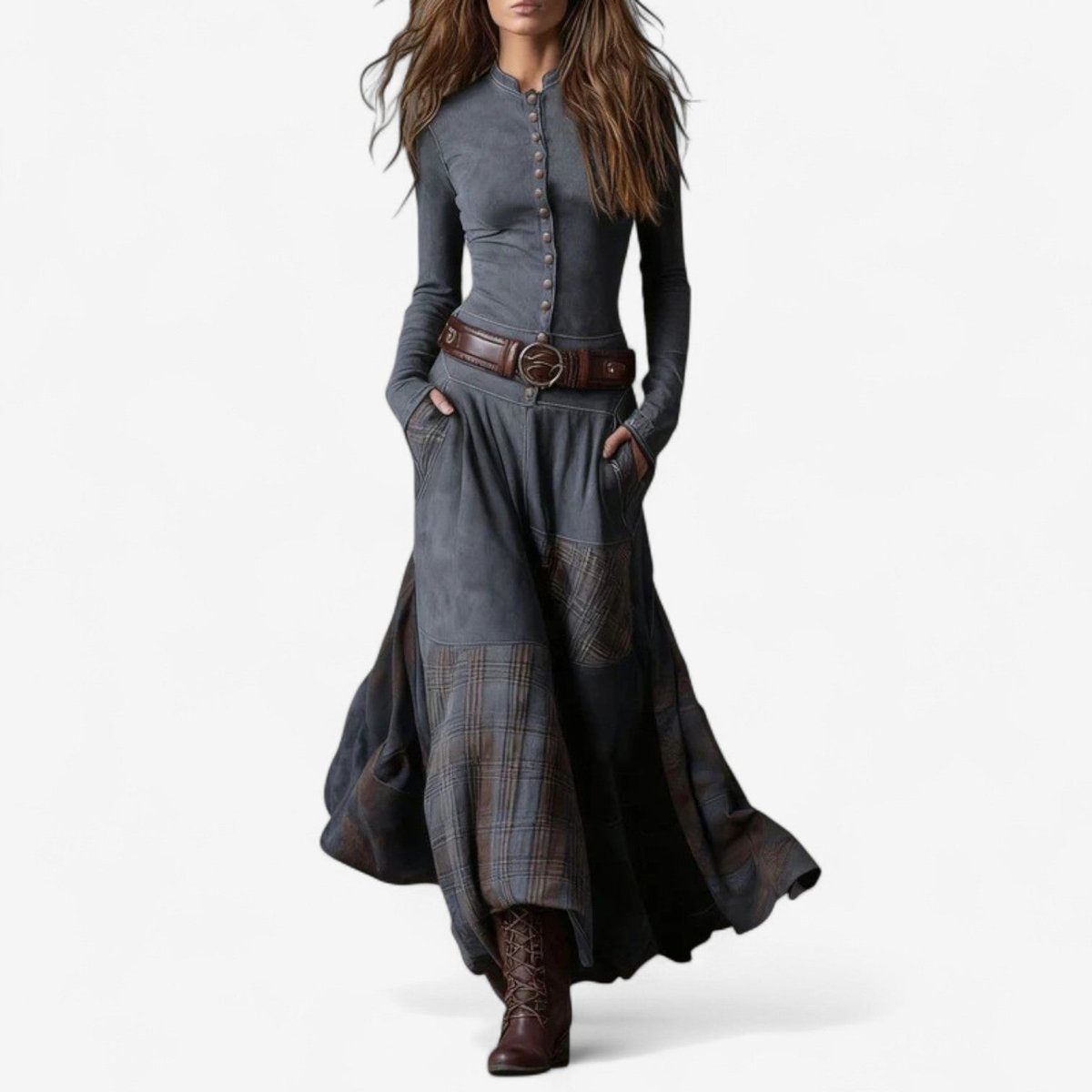 Sadie | Women's Long Sleeve Button Front Patchwork Maxi Dress - Grey