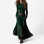 Sadie | Women's Long Sleeve Button Front Patchwork Maxi Dress - Green