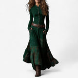 Sadie | Women's Long Sleeve Button Front Patchwork Maxi Dress - Green