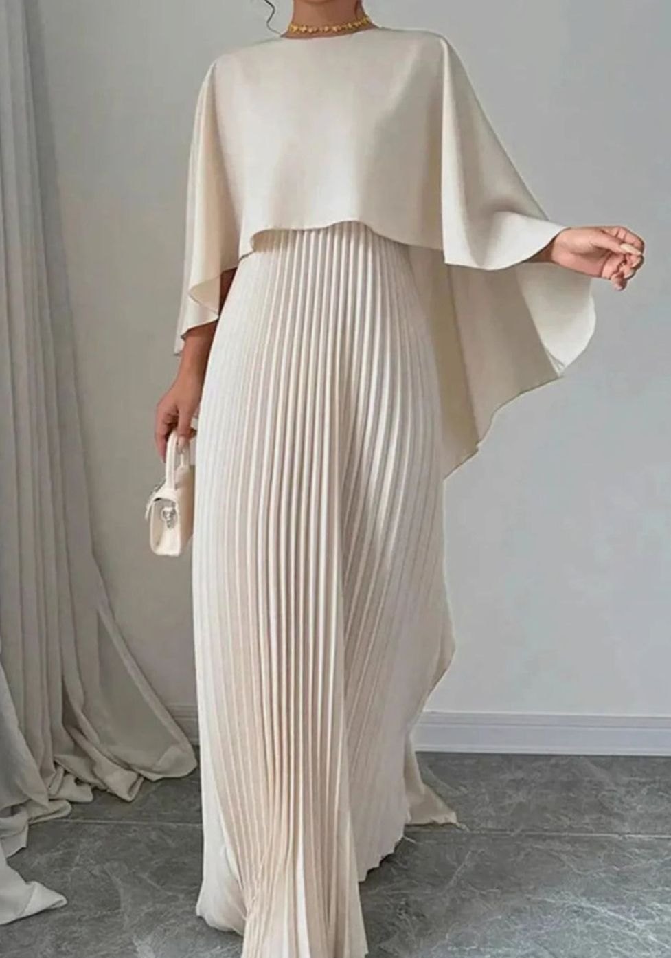 Elizabeth | Women's Pleated Batwing Sleeve Maxi Dress - Beige