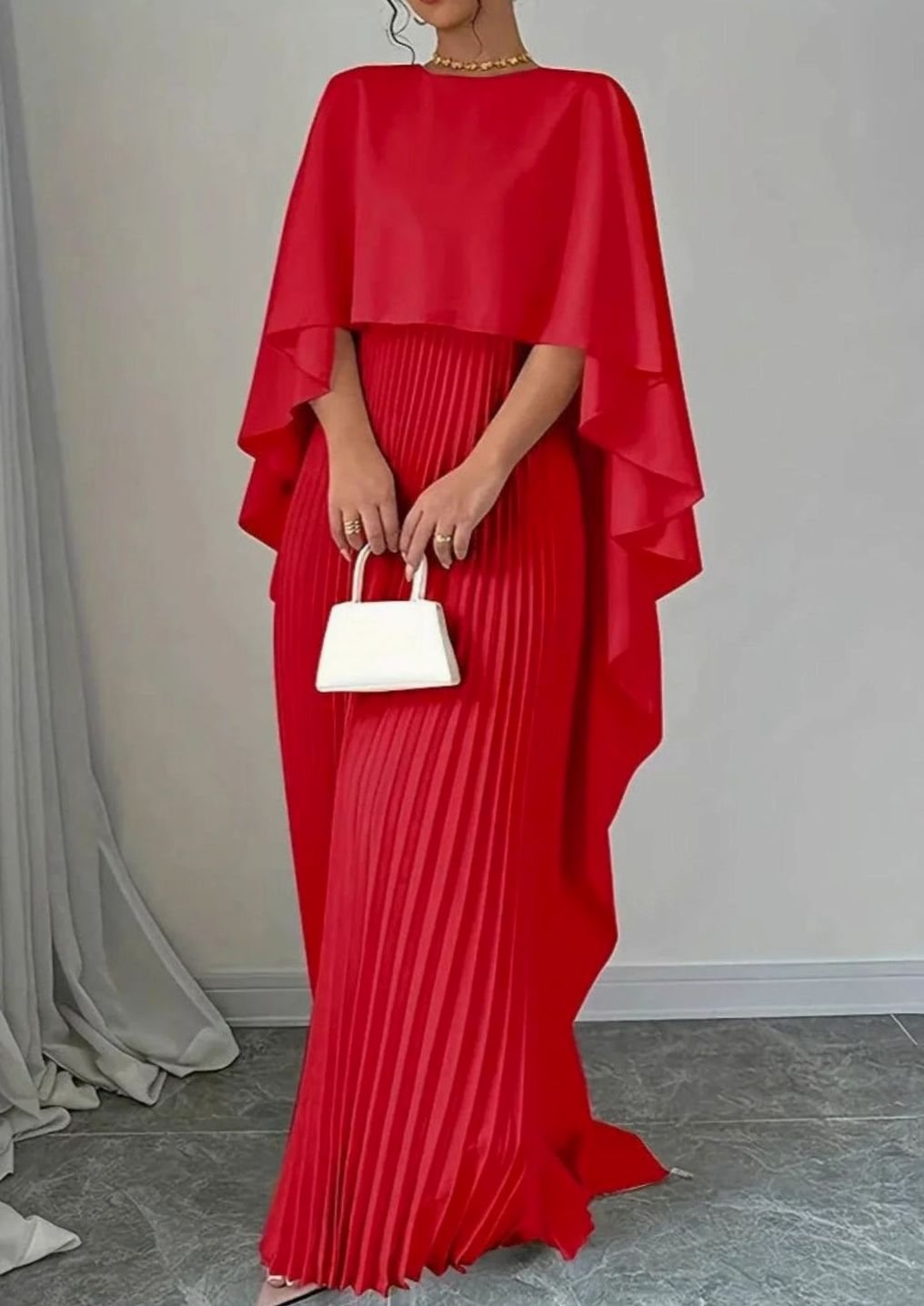 Elizabeth | Women's Pleated Batwing Sleeve Maxi Dress - Red