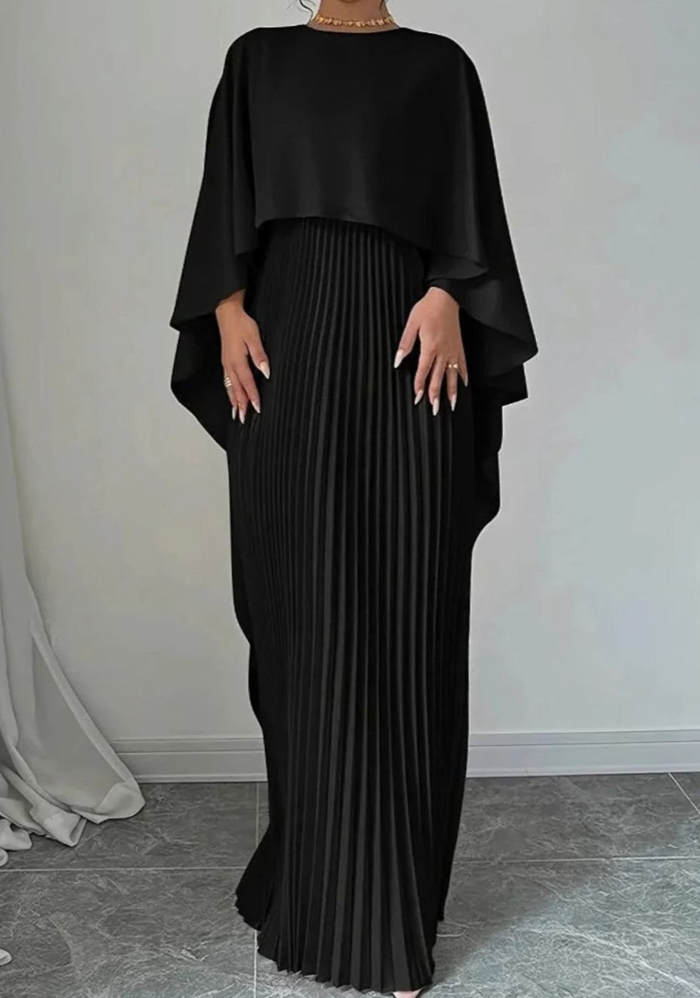 Elizabeth | Women's Pleated Batwing Sleeve Maxi Dress - Black