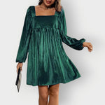Ellen | Women's Pleated Long Sleeve Velvet Dress - Dark Green