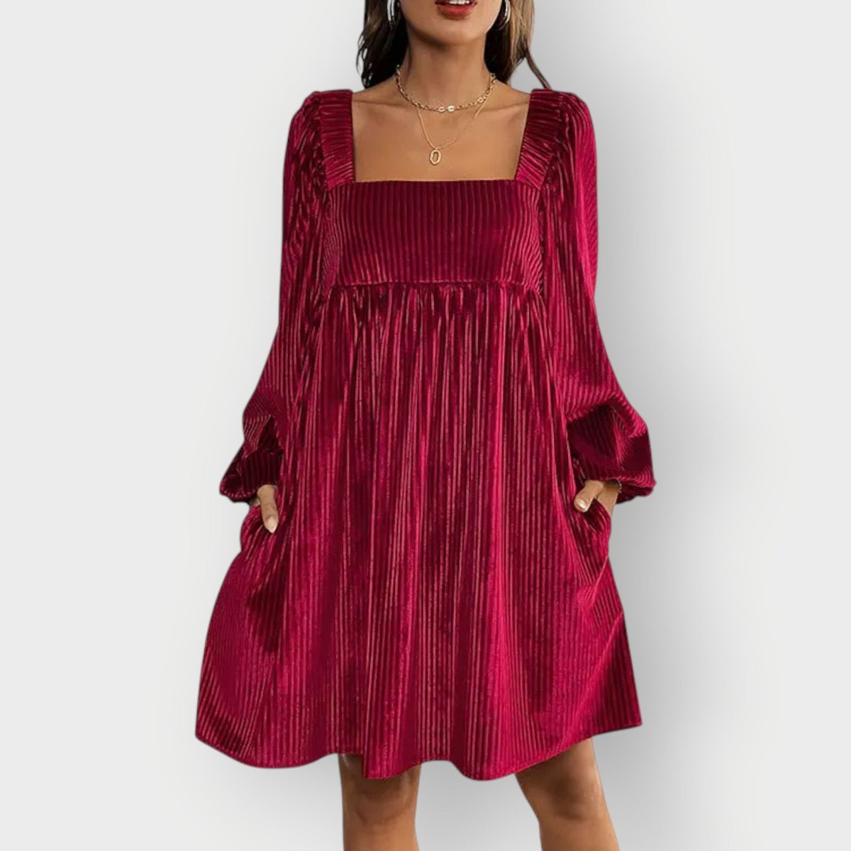 Ellen | Women's Pleated Long Sleeve Velvet Dress - Wine Red