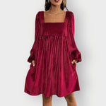 Ellen | Women's Pleated Long Sleeve Velvet Dress - Wine Red
