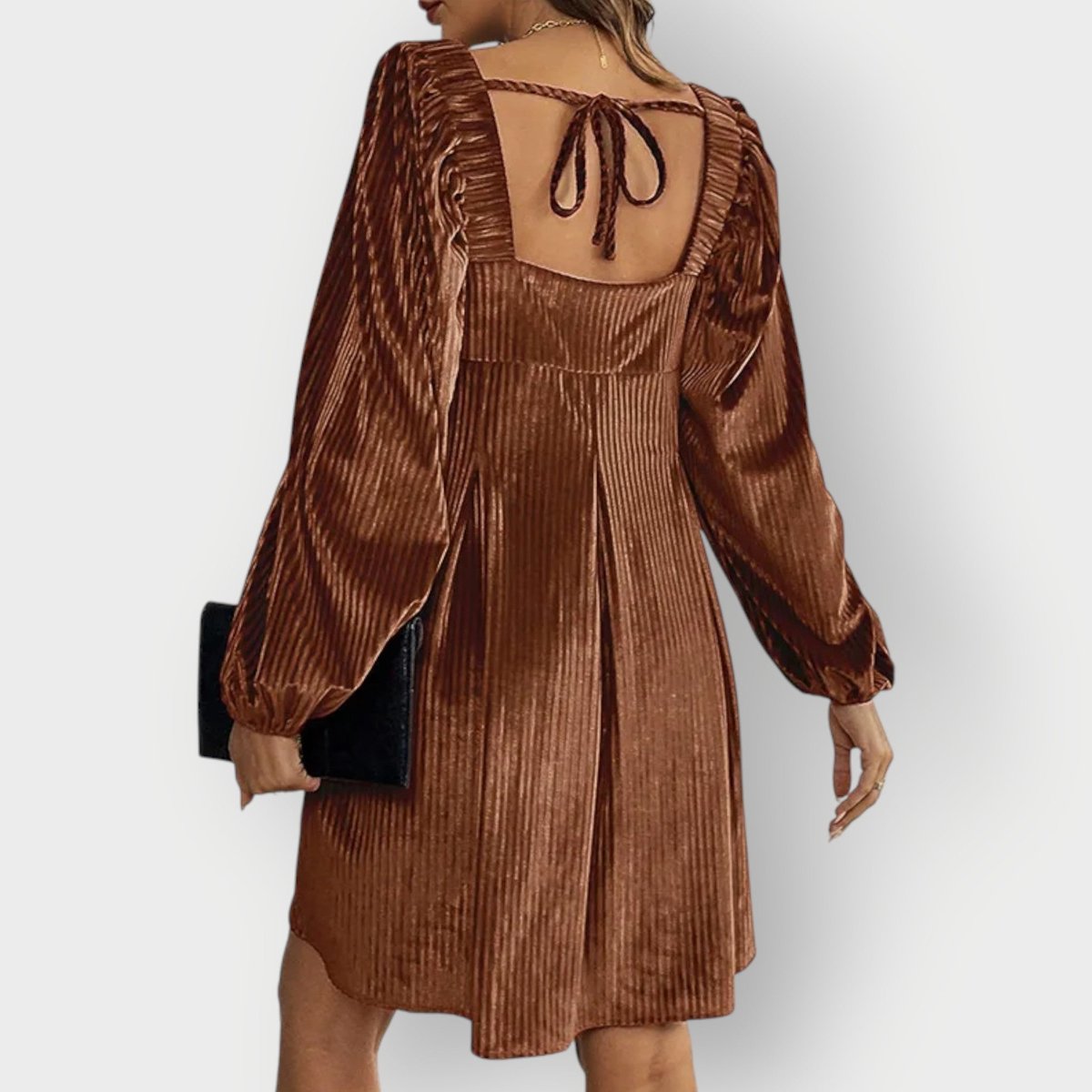 Ellen | Women's Pleated Long Sleeve Velvet Dress - Brown