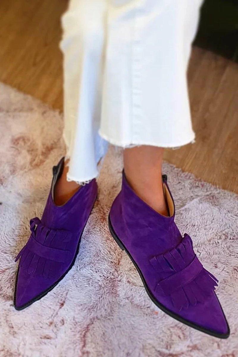 Winifred | Women's Suede Look Pointed Toe Fringe Ankle Boots - Purple