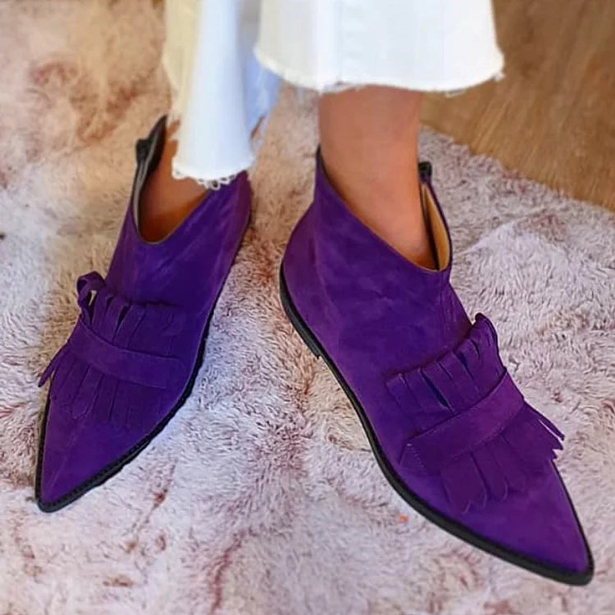 Winifred | Women's Suede Look Pointed Toe Fringe Ankle Boots