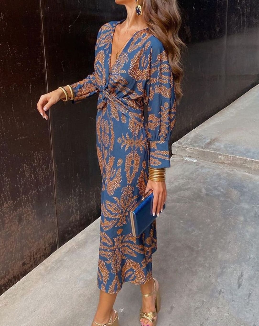 Simone | Women's Long Sleeve V Neck Maxi Dress - Blue