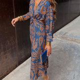 Simone | Women's Long Sleeve V Neck Maxi Dress - Blue