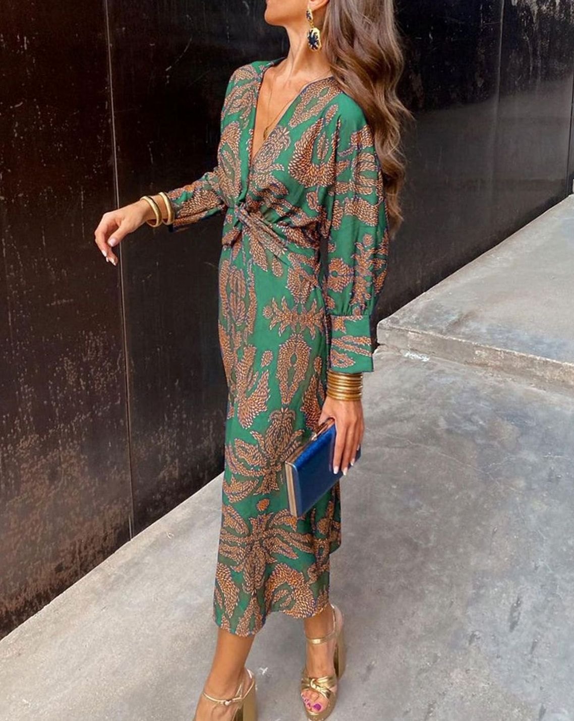 Simone | Women's Long Sleeve V Neck Maxi Dress - Green