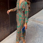 Simone | Women's Long Sleeve V Neck Maxi Dress - Green