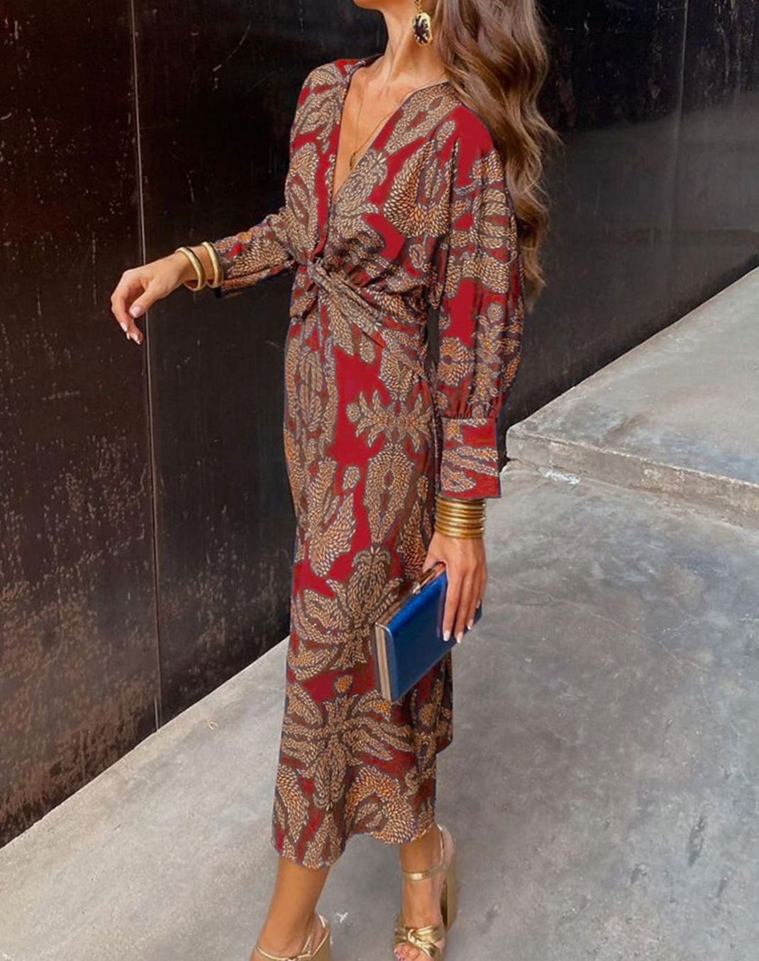 Simone | Women's Long Sleeve V Neck Maxi Dress - Red