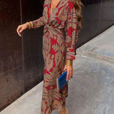 Simone | Women's Long Sleeve V Neck Maxi Dress - Red