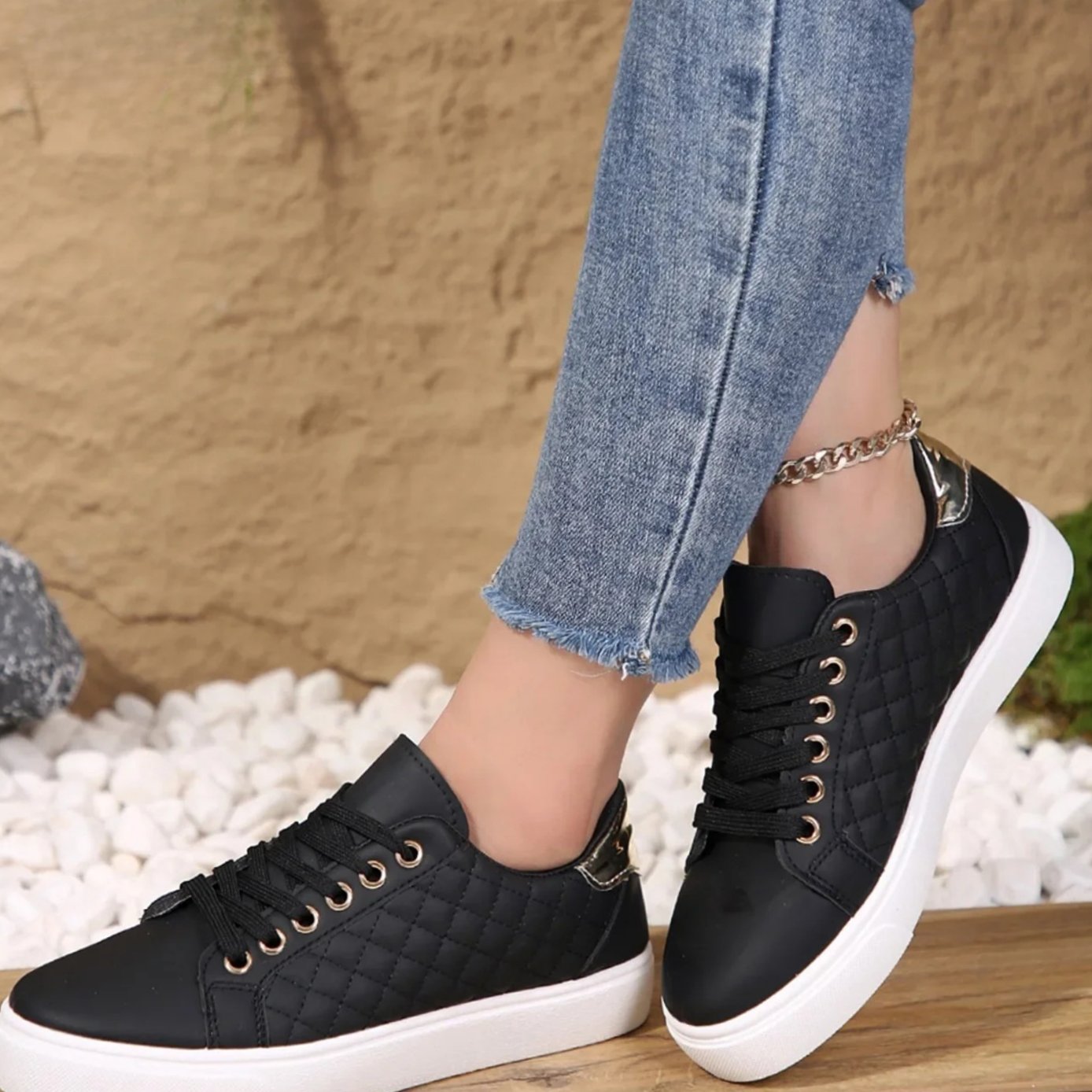 Lydia | Women's Orthopaedic Quilted Leather Look Trainers - Black