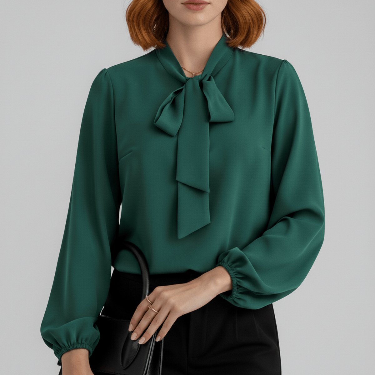 Ann | Women's Long Sleeve Oversized Bow Detail Blouse - Forest Green