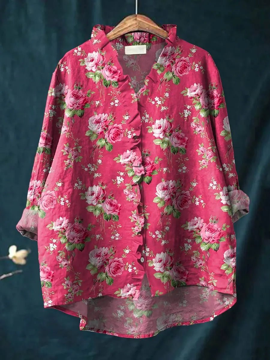 Angelica | Women's Long Sleeve Floral Relaxed Fit Blouse - Pink Floral