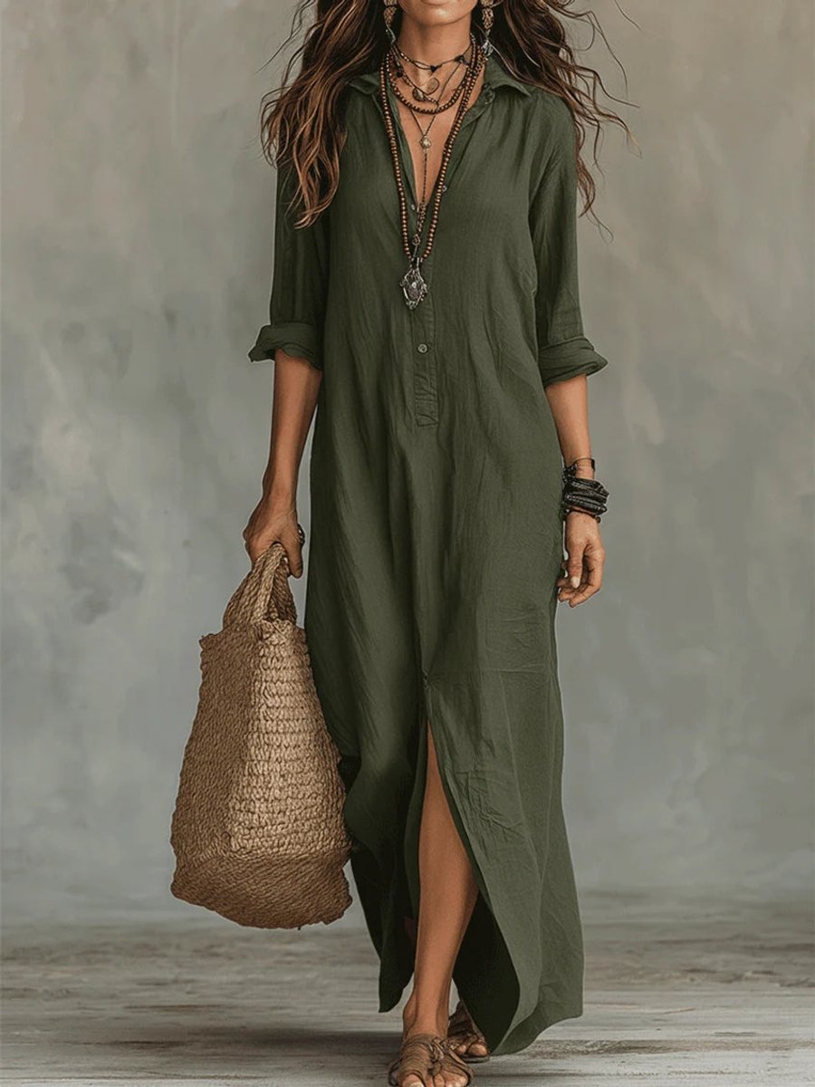 Sarah | Women's Long Sleeve Oversized Relaxed Fit Shirt Dress - Green
