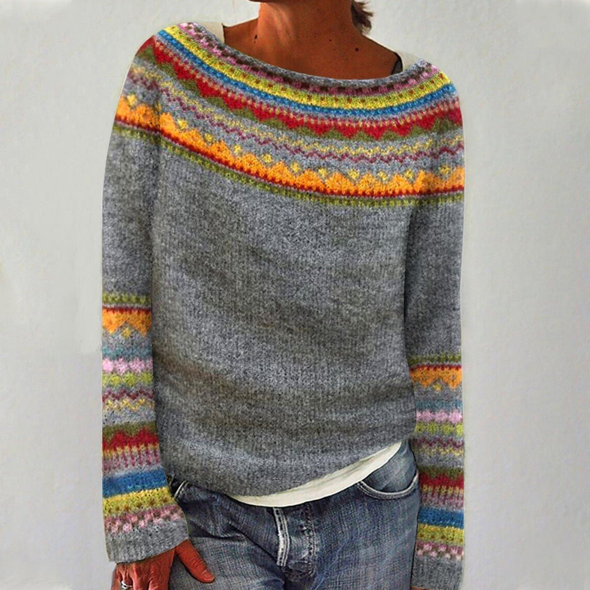 Megan | Women's Oversized Boho Striped Jumper - Grey Multi