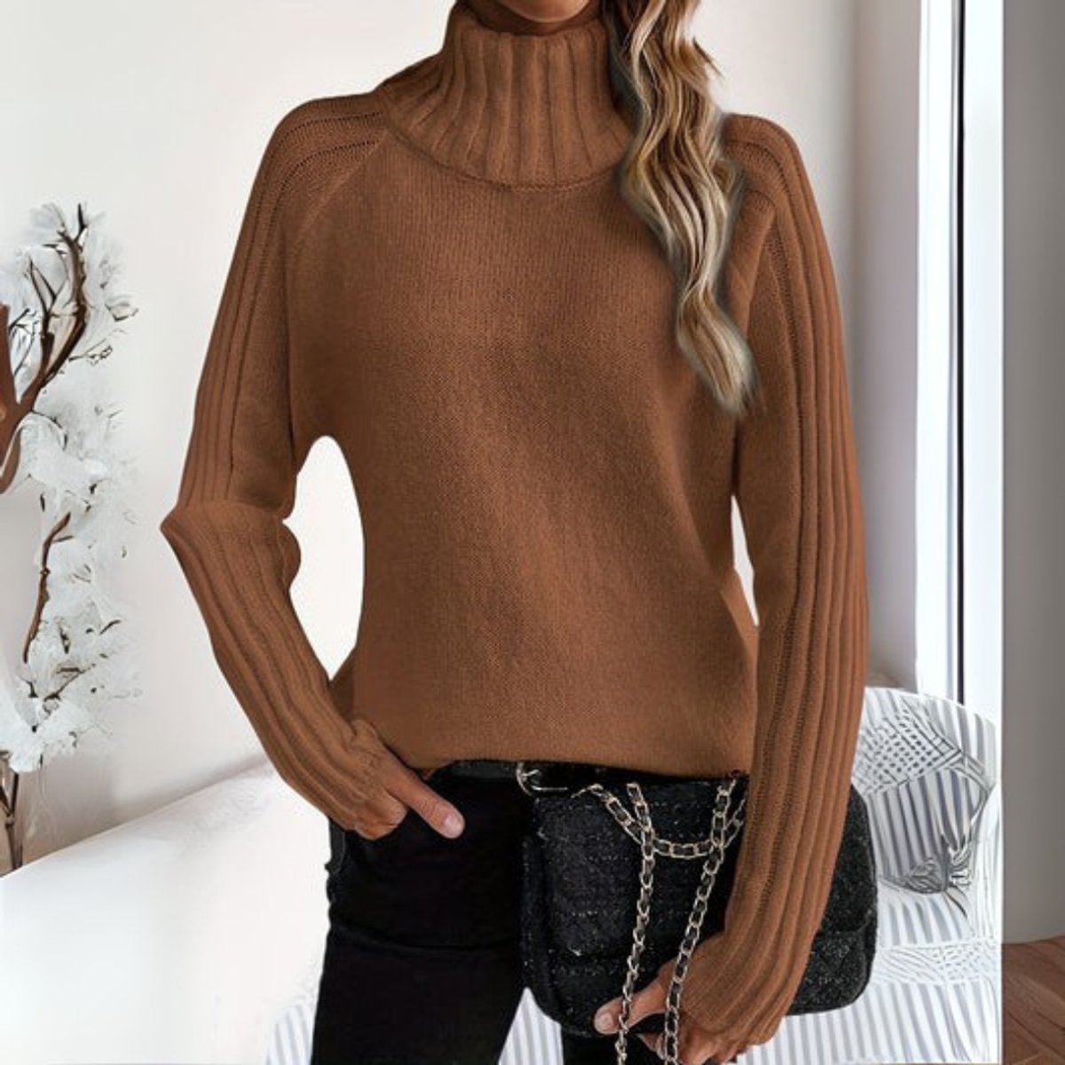 Lena | Women's Long Sleeve Relaxed Fit Ribbed Turtleneck Jumper - Brown