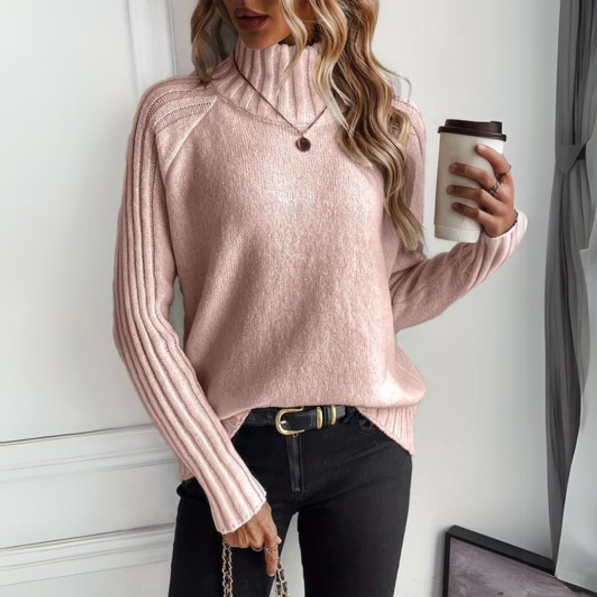 Lena | Women's Long Sleeve Relaxed Fit Ribbed Turtleneck Jumper - Pink