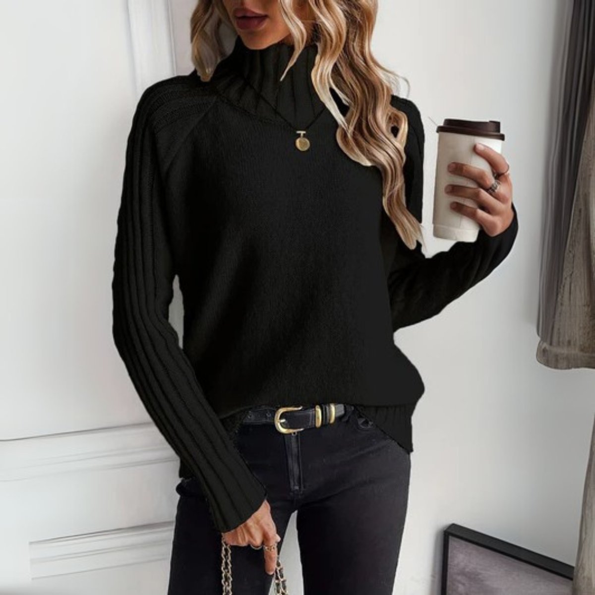 Lena | Women's Long Sleeve Relaxed Fit Ribbed Turtleneck Jumper - Black