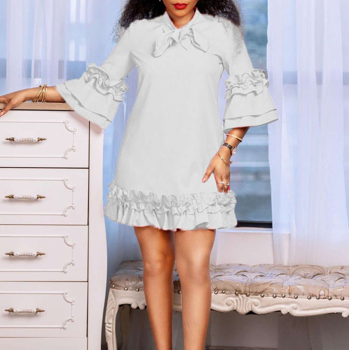 Evelyn | Women's Bow Detail Mini Tunic Dress - Purpur
