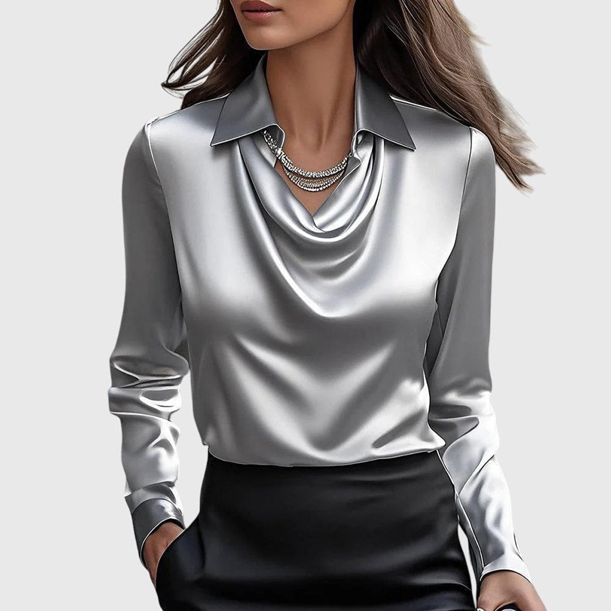 Esme | Women's Long Sleeve Cowl Neck Blouse - Silver