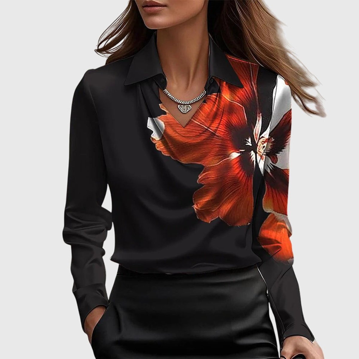 Esme | Women's Long Sleeve Cowl Neck Blouse - Black Red