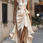 Erica | Women's Satin Wrap Halter Cocktail Dress - Champagne