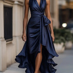 Erica | Women's Satin Wrap Halter Cocktail Dress