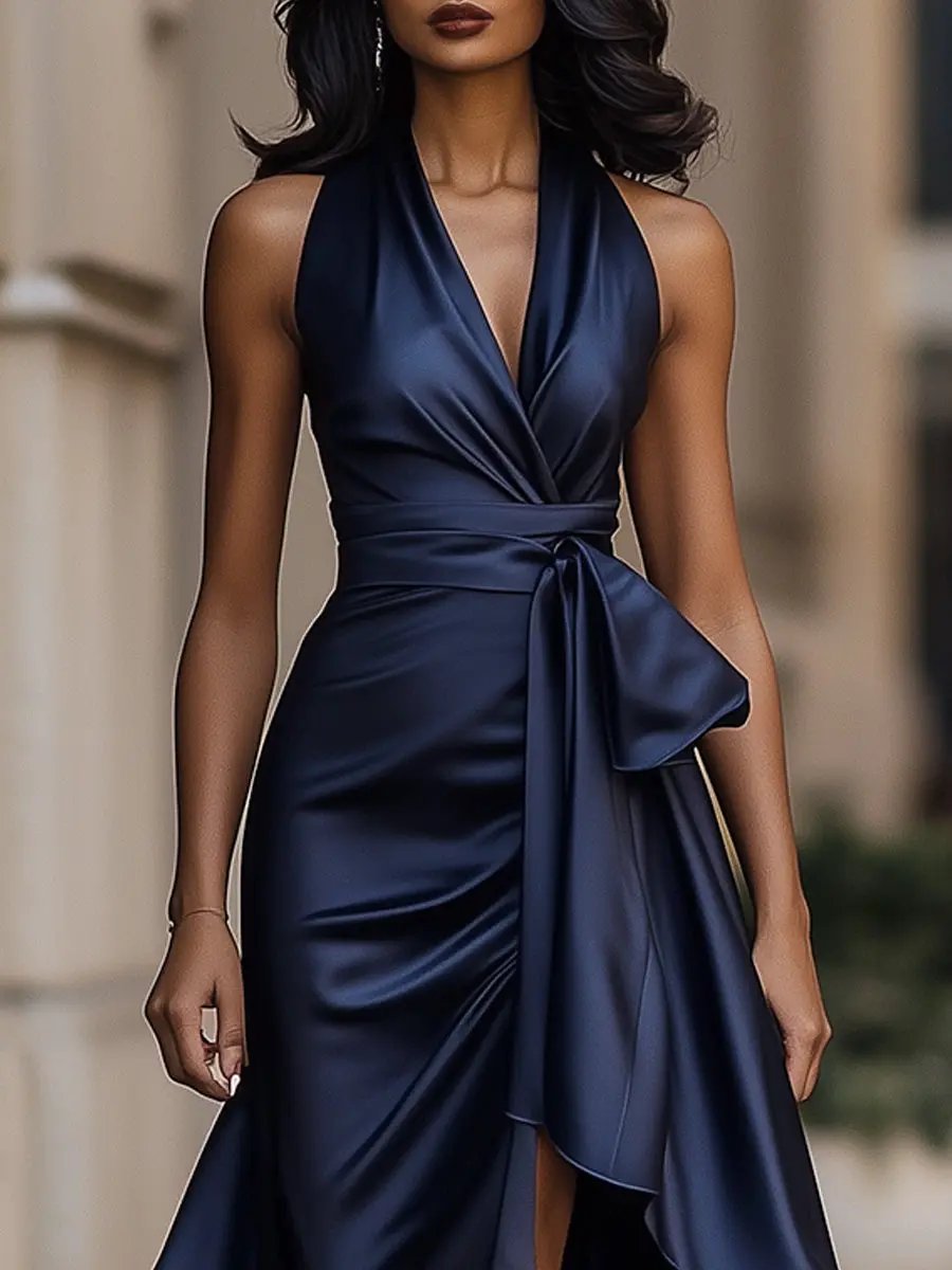 Erica | Women's Satin Wrap Halter Cocktail Dress