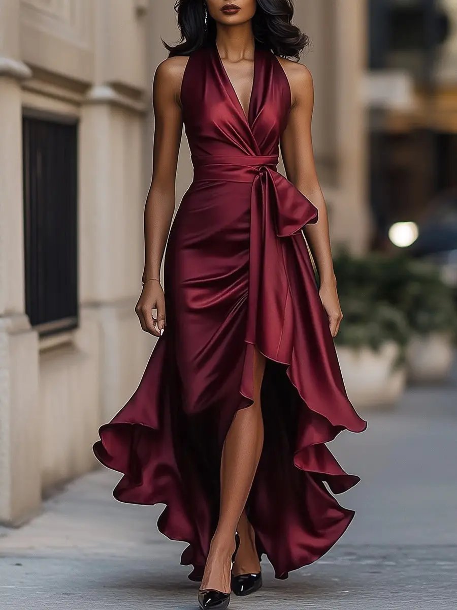 Erica | Women's Satin Wrap Halter Cocktail Dress - Burgundy
