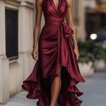 Erica | Women's Satin Wrap Halter Cocktail Dress - Burgundy