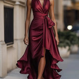 Erica | Women's Satin Wrap Halter Cocktail Dress - Burgundy