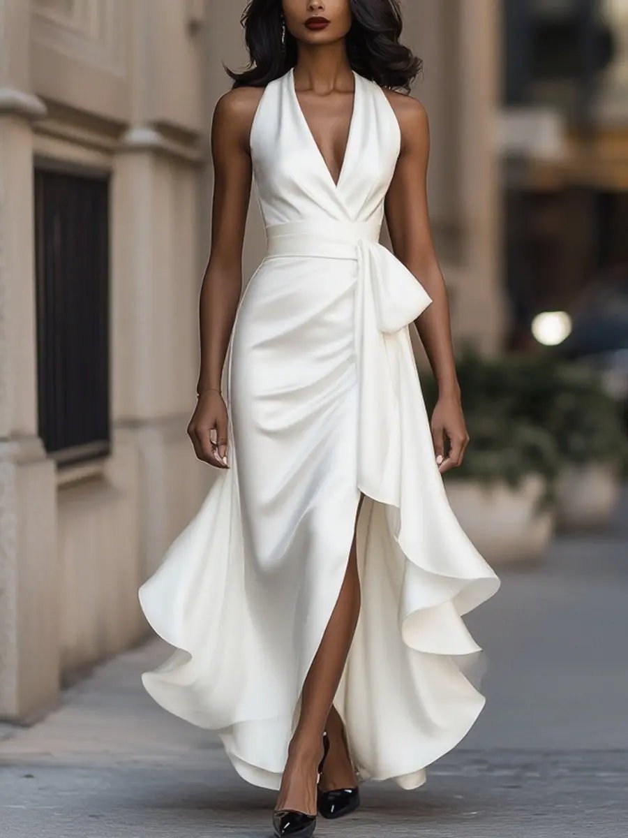 Erica | Women's Satin Wrap Halter Cocktail Dress - White